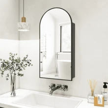 FKWin Arched Medicine Cabinet With Mirror, Aluminum Alloy Brushed Frame Bathroom Mirror With Storage, 3 Adjustable Shelves Vanity Mirror, Surface Wall Mounted, Not Recessed Home Bathroom Decor Summer Makeup Organizer Bathroom Accessories Back To School - Black - View 2