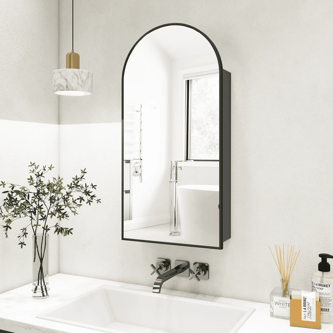 FKWin Arched Medicine Cabinet With Mirror, Aluminum Alloy Brushed Frame Bathroom Mirror With Storage, 3 Adjustable Shelves Vanity Mirror, Surface Wall Mounted, Not Recessed Home Bathroom Decor Summer Makeup Organizer Bathroom Accessories Back To School