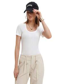 Teesod Women's Casual Summer Scoop Neck Short Sleeve T-Shirts Ribbed Knit Slim Fitted Basic Top - 白色 - 查看 4