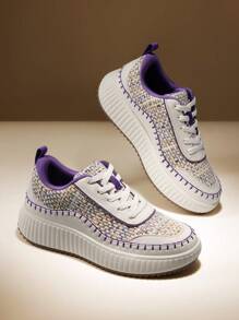 Women Platform Casual Sneakers Thick-Sole Woven Style Fashion Comfortable Wedge Sneakers Autumn Winter Outdoor Sport Shoes - Trắng Tím - Xem 1