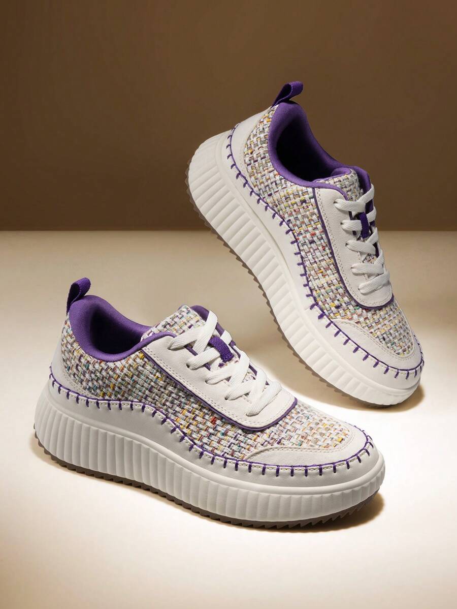 Women Platform Casual Sneakers Thick-Sole Woven Style Fashion Comfortable Wedge Sneakers Autumn Winter Outdoor Sport Shoes - Trắng Tím - Xem 1