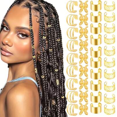 40 piezas Conjunto de accesorios para el cabello trenzado, que incluye diademas doradas, scrunchies de cabello surtidos, cuentas de cabello ajustables, adecuado para trenzas, rastas, apto para mujeres y niñas