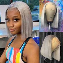 Cheap Sliver Grey Short Bob Human Hair Wigs For Women Wear 13x4 Transparent Lace Front Wig Human Hair Straight Brazilian Virgin Gray Colored Bob Wigs Pre Plucked Natural Hairline With Baby Hair