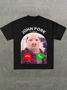 John Pork Is Calling Funny Answer Call Phone ,Casual Print,Comfortable And Versatile,Letter Pattern Pure Cotton 220g Printed T-Shirt - Black - View 1