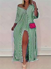 Striped Mid-Sleeve Long Loose Shirt Dress - Green - View 1