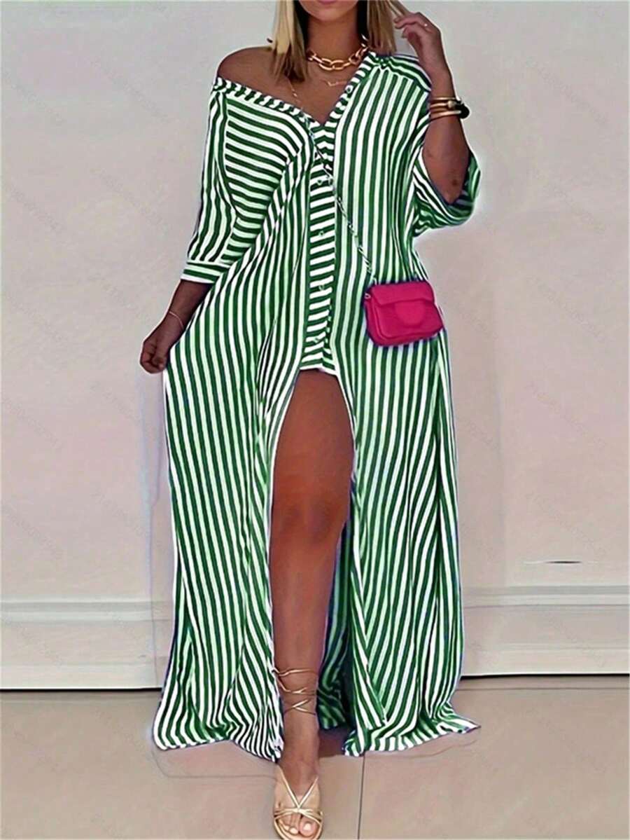 Striped Mid-Sleeve Long Loose Shirt Dress - Green - View 1