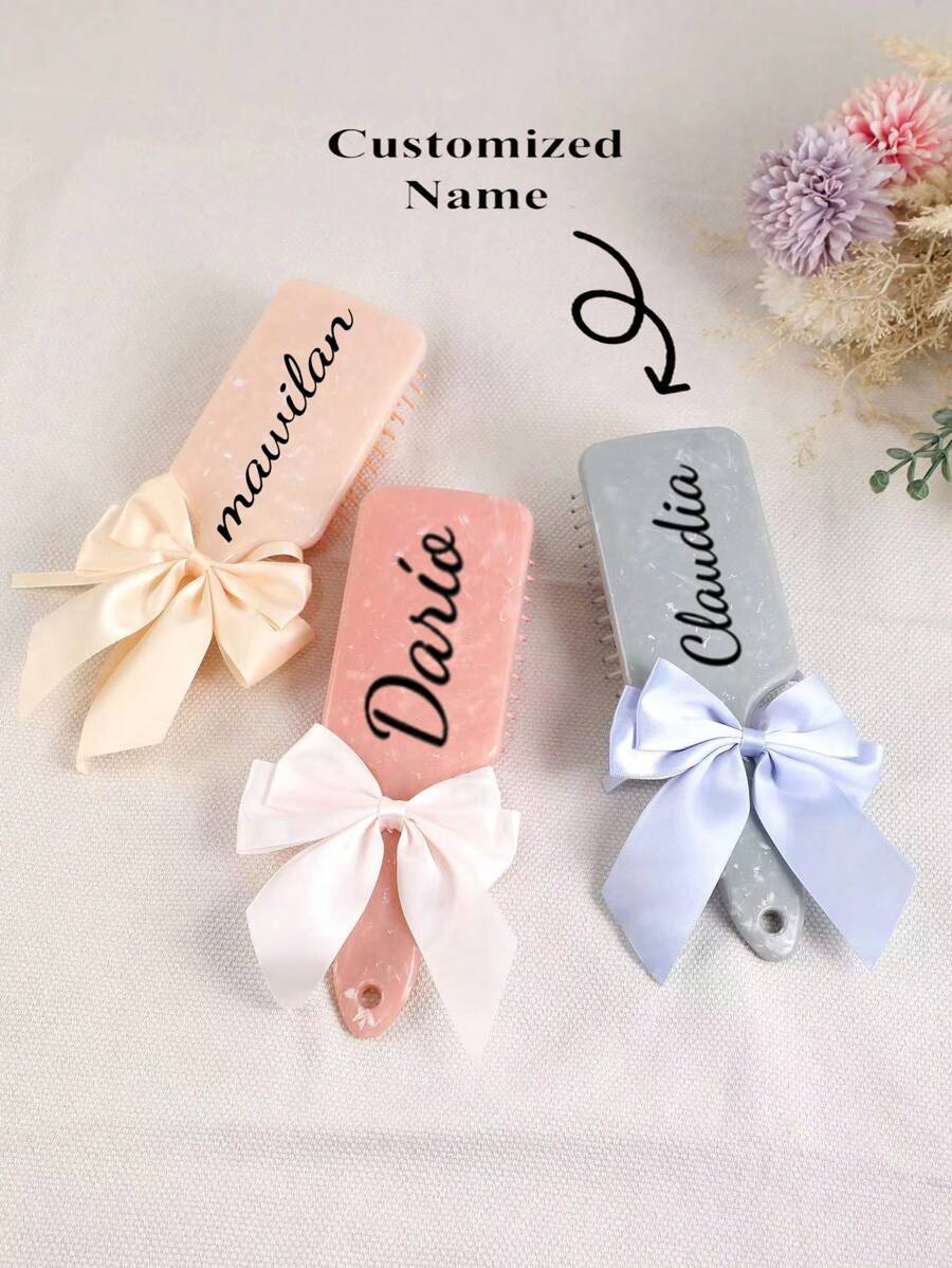 1pc Customizable Name Square Air Cushion Hair Brush With Scalp Massage - ABS Plastic, Suitable For All Hair Types, Comes With Bow Ribbon - Perfect Gift For Women And Men, Hair Brush Gifts Birthday Graduation - Multicolor - View 1
