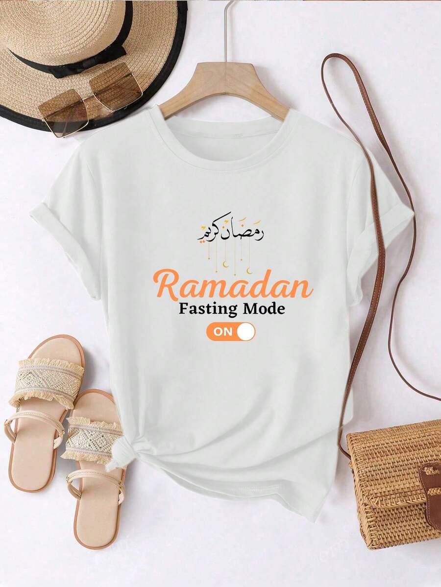 斋月字母印花女士休闲牛奶丝短袖上衣夏季