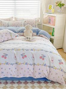 4 件套（1 件羽绒被套 + 1 件床单 + 2 件枕套）柔软拉绒床上用品套装，适用于宿舍双层床、所有季节、儿童、婴儿、幼儿、学生 - 田園小兔 - 查看 5