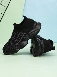 Kids Fashion Casual Sports Shoes With Knitted Socks, Unisex Sneakers For Youths, Jogging & Running Shoes - Black - View 4