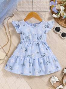 Baby Girl Spring Blue Round Neck Backside Button Cap Sleeve Floral All-Over Print Dress - Blue - View 1
