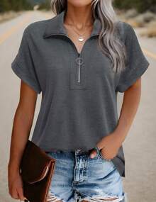 hoteel Women's Short Sleeve Tops And Shirts Zip Neck V Neck Business Casual Tops Loose Tunic Shirts Polo Shirts - Xám - Xem 4
