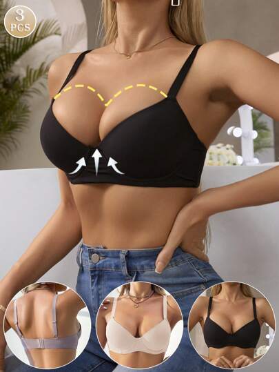 Conjunto de sutiã 3 peças sem fio sem fio sem costura push-up alisamento