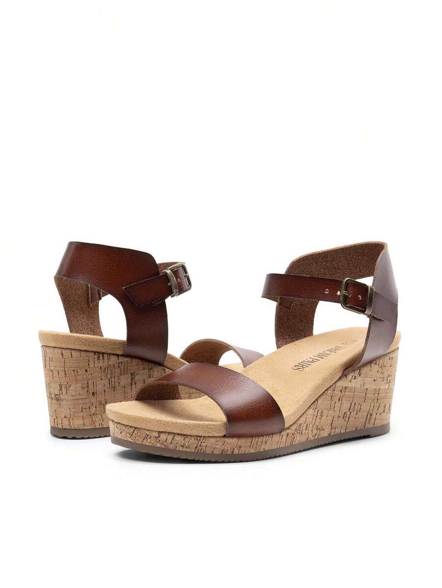 Women's Open Wedge Sandals  Platform Open Design Buckle Ankle Strap Comfort Wood Grain Bottom Single Strap Summer Shoes - Brown - View 1