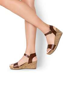 Women's Open Wedge Sandals  Platform Open Design Buckle Ankle Strap Comfort Wood Grain Bottom Single Strap Summer Shoes - Brown - View 2