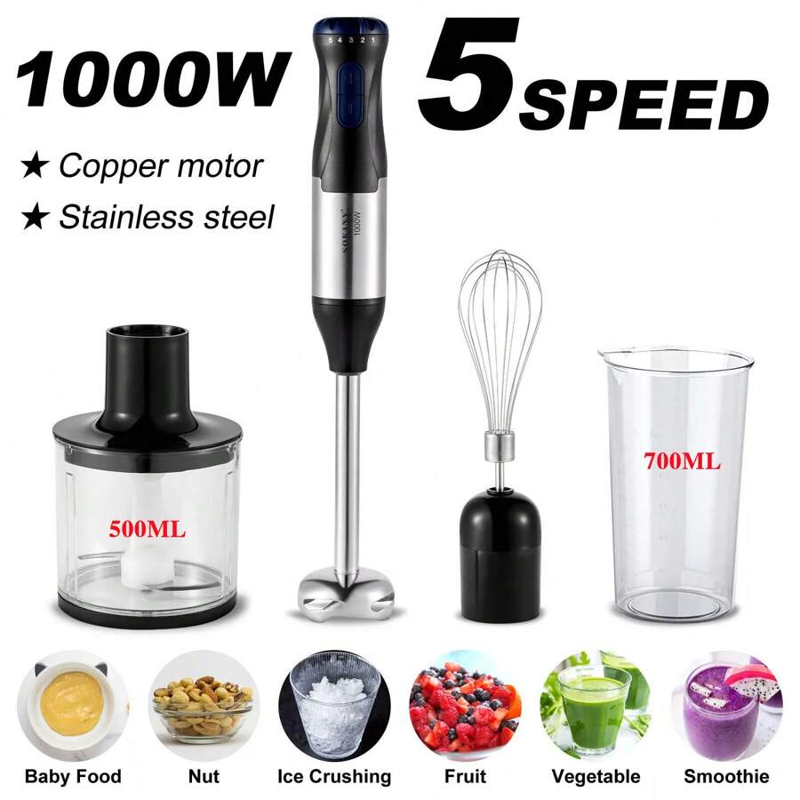 5-In-1 Hand Immersion Blender 1000w Entire Stainless Steel Blender Baby Food