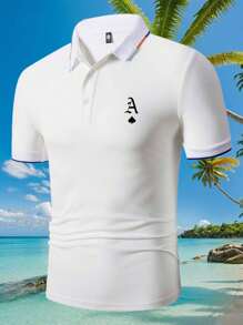 Men's Casual Spades Printed Polo Shirt, Stand Collar Short Sleeve Business Fashion Design, Suitable For Summer Outings, Office, Gathering, Party - White - View 8