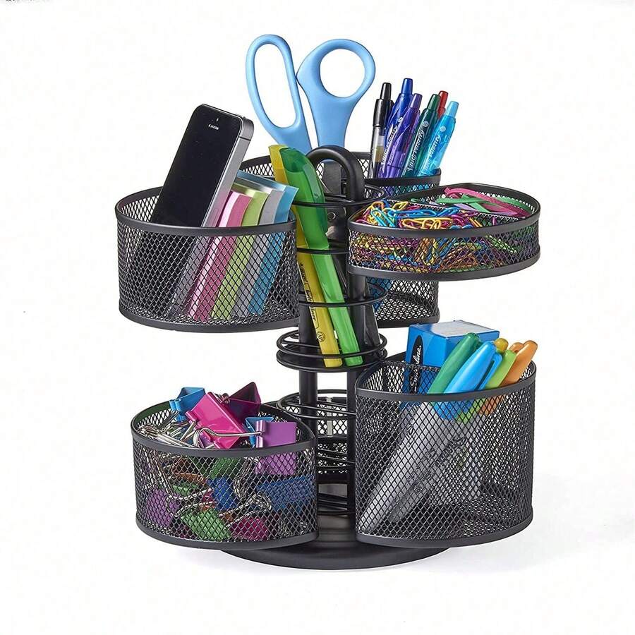 Desk And Office Organizing Carousel – Modern Black Powder Coated Finish, 6 Compartments With Dividers, Spins 360-Degrees, Lazy Susan Platform, Office Desk Organizer, Removable Top - Black - View 1