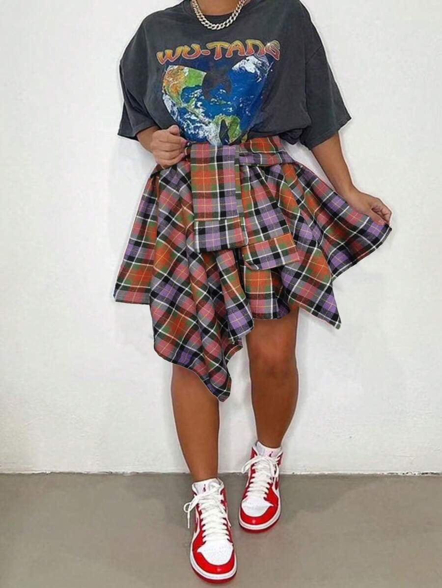 大码嘻哈格子裙 2025 - 女式街头格子裙，可拆卸袖子，多色说唱风格裙，高腰 A 字裙，配腰带 (0X-5X)