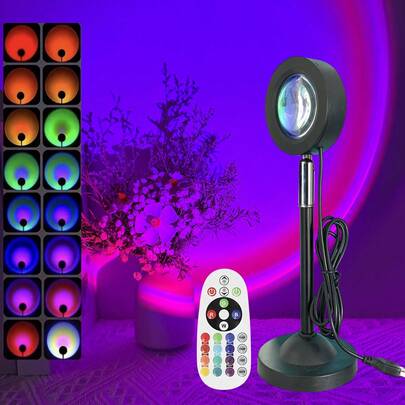 1 pieza Luz de proyección de atardecer RGB/Luz de atardecer monocroma, entrada USB de 5V, 16 colores RGB, con control remoto, adecuado para decoración de vacaciones/fiestas/luces nocturnas/fotografía/decoración del hogar/decoración de pared/iluminación de proyección