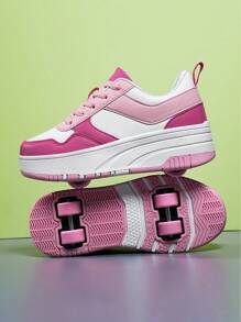 Fashionable Kids' Roller Skate Shoes, 4-Wheels Detachable Outdoor Student Skateboard Shoes, Casual Athletic Sneakers For Teenagers, Suitable For All Seasons - Hot Pink - View 5