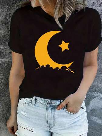 斋月图案印花 T 恤，女式休闲圆领短袖上衣