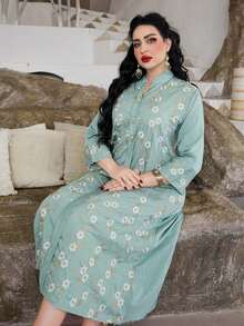 斋月重工金银3D刺绣优雅V领花朵装饰阿拉伯女式连衣裙，JALABIA风格，2025年春夏宰牲节，朴素的长袍