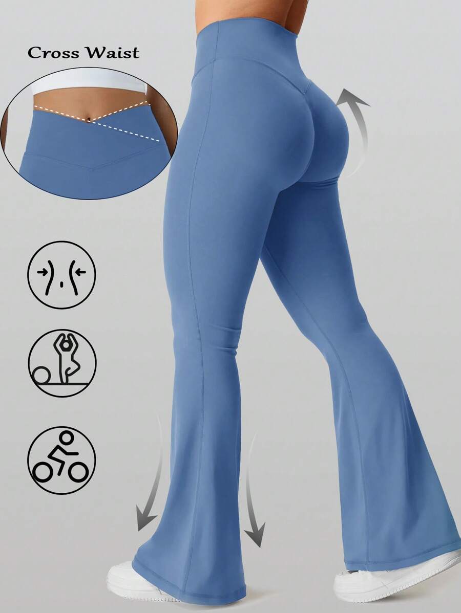 CZRLHYT Summer  High Waist Flared Pants Daily Fitness Sports Leggings, Women Butt Lifting Yoga Leggings,Women's High-Waisted Cross Design Flared Leggings Suitable - 淺藍色 - 查看 1