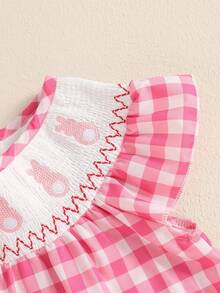Vestido de Pascua para niñas de 0 a 3 años, con bordado de conejo, cuello redondo, estampado a cuadros, mangas voladoras, corte A - Rosa - Ver 6