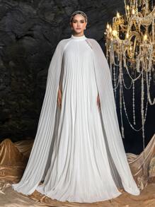 Faeriesty Abaya 复古优雅立领斗篷袖褶皱雪纺正式派对礼服和长裙和中长裙 - 白色 - 查看 4