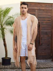 Men's Summer Beach Fashion Knit Open Front Cover Up - Khaki - View 1