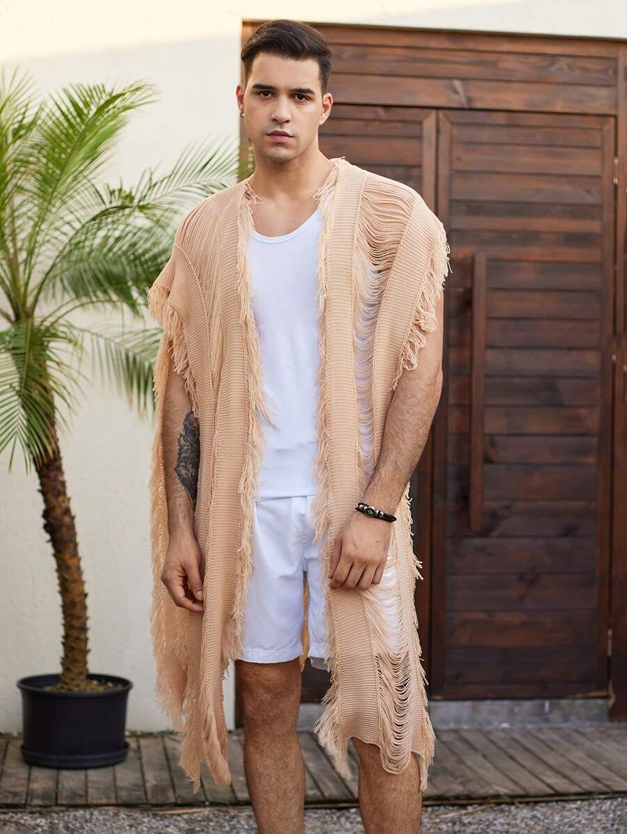 Men's Summer Beach Fashion Knit Open Front Cover Up - Khaki - View 1