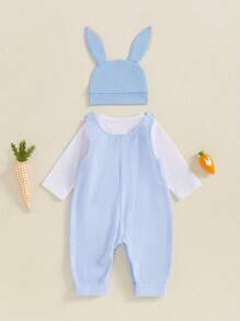 Newborn Baby Boy My First Easter Outfit Long Sleeve Romper Bunny Embroidery Plaid Overalls Jumpsuit Rabbit Ears Hat 3 Piece Spring Set - White - View 3