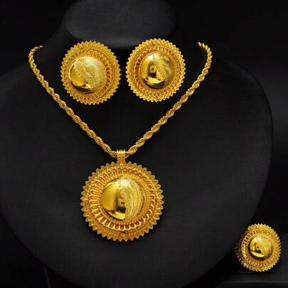 3pcs/Set Classic Golden Color African Style Jewelry Set: Pendant Necklace, Ring, Earrings, Bride Accessories For African Wedding, Gift