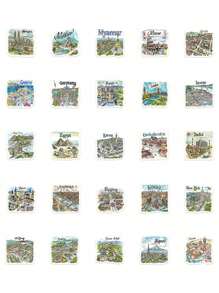 50pcs Handpainted Travel Map Stickers, Cartoon City Style, High-Quality DIY For Phone Case, Waterproof Scrapbooking Stickers,School Supplies,Back To School
