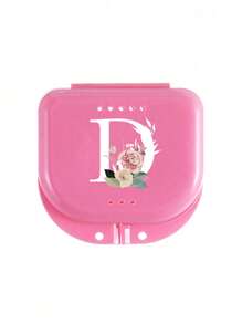 Estuche de almacenamiento para retenedores dentales ortodónticos con patrón de flores rosas y letras blancas de la A a la Z, contenedor para protector bucal, estuche para dentaduras, caja ventilada para aparatos de ortodoncia, caja para retenedores, caja de almacenamiento dental, caja para colocación de dentaduras, seguro y fácil de usar, suministros para el hogar, la oficina y el dormitorio, artículos de almacenamiento doméstico, fácil de transportar