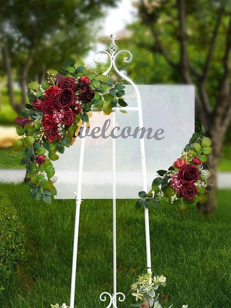 2 件装人造花饰、婚礼拱门花、仿花、婚礼玫瑰花环绿植布置，适合爱人、派对、接待处入口欢迎标志和背景装饰、桌面装饰、婚车墙壁拱门花园装饰礼品、派对礼品、房间装饰、新娘 - 酒紅色 - 查看 1