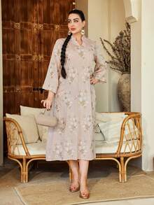 优雅刺绣阿拉伯风格连衣裙，V领印花长裙，2026春夏款，斋月，宰牲节 - 粉色 - 查看 6