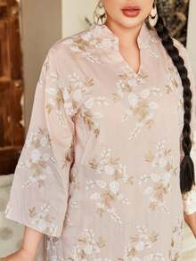 优雅刺绣阿拉伯风格连衣裙，V领印花长裙，2026春夏款，斋月，宰牲节 - 粉色 - 查看 11