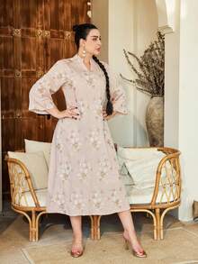 优雅刺绣阿拉伯风格连衣裙，V领印花长裙，2026春夏款，斋月，宰牲节 - 粉色 - 查看 8