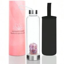 Botella de agua de cristal de energía de piedra natural,Botellas De Cuarzo de vidrio 450ML,Termos para agua,Piedra Curativa,Relaja,Caja de embalaje exquisita,Rose Gold (Cristal morado) - Morado - Ver 1