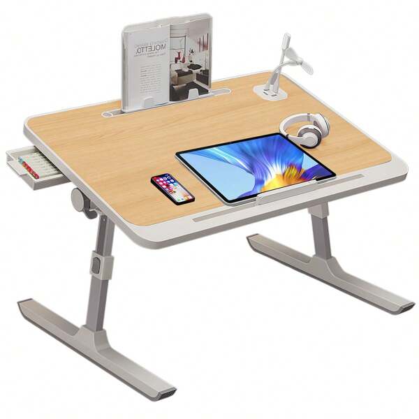 Laptoptisch Nachttisch klappbar mit Schubladenwand Holz-Schreibtischplatte geeignet für Wohnzimmer Büro und Sofa Boden 60x40 cm Höhe Neigung 5-stufig einstellbar, Schlittenbeine wackeln nicht