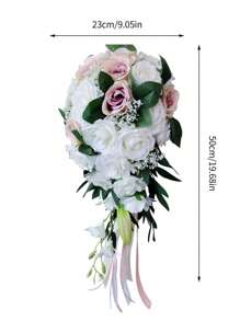 Elegant Artificial Rose Wedding Bouquet, Fabric Floral Arrangement, 19.68 Inches Artificial Rose Bouquet With Ribbons, Bridesmaid Fake Flower Bunch, For Wedding, Bridal & Bridesmaid, Home Decor, Party, Birthday, Valentine's Day & Mother's Day Gift, Wedding Decorations Party Favors Room Decor - Pink - View 3