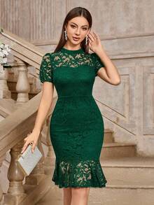MIUSOL Vintage Mock Neck Floral Lace Puff Sleeve Cocktail Party Bodycon Dress - Dark Green - View 3
