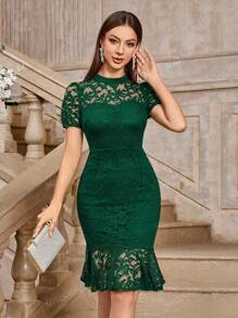 MIUSOL Vintage mock neck bloemenkant pofmouw cocktailparty bodycon jurk