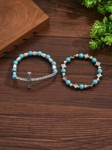1 Set Of 2pcs Turquoise Beaded Boho Style Cross Charm Bracelet Set - Green Two Piece Set - View 4