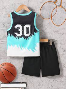 2pcs/Set Young Boy Outdoor Sports Casual Sleeveless Vest, Three-Color Gradient Patchwork No.30 Star Number Print, Breathable Quick-Dry, Basketball Training Outfit, Summer - Black - View 2