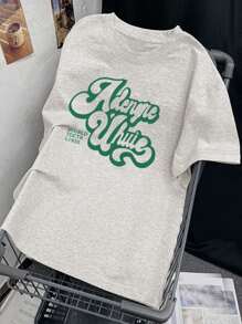 夏季女款浅灰色字母图案印花休闲短袖 T 恤 - 淺灰色 - 查看 4