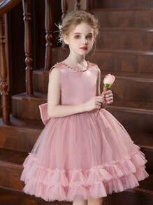 Tween Girl Pink Cake Skirt With Big Bow, Tutu Skirt, Party Dress For Birthday - 粉色 - 查看 2