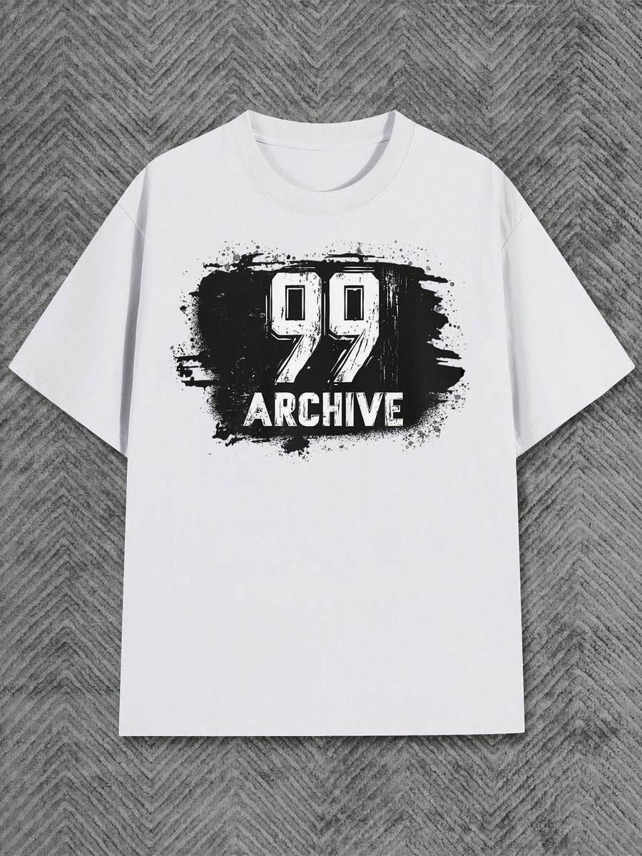 Vintage-Font ARCHIVE 99 Men's Cotton T-Shirt Retro Graphic Printed 100% Cotton Tee 220g Round Neck Short Sleeve - 白色 - 查看 1